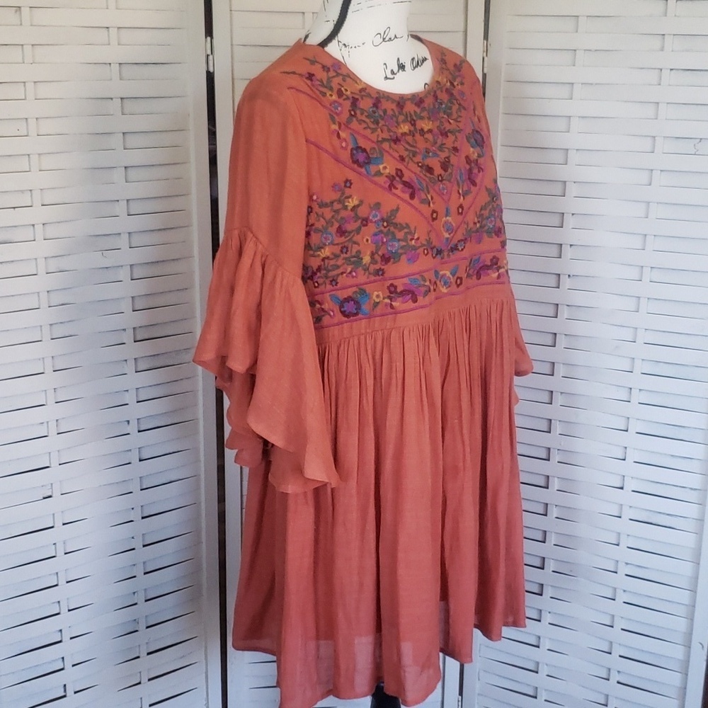 Umgee waterfall sleeves embroidery high waist woman dress orange burnt size S - Picture 3 of 7